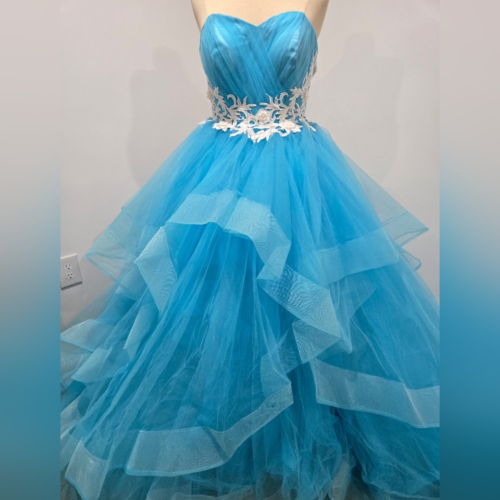 Mila Hoffman Custom Couture Ball Gown, Blue Topaz, White Floral Emroidered Waist - Picture 1 of 17